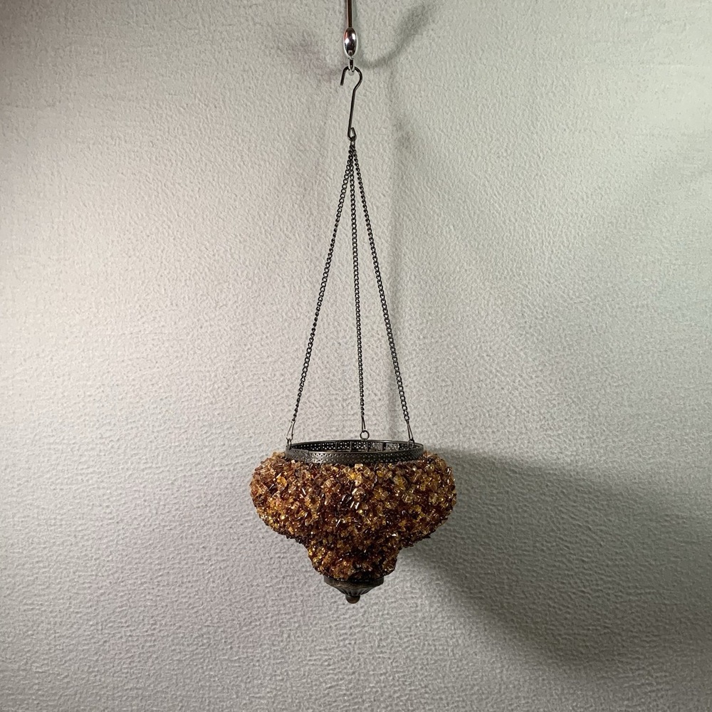 VINTAGE Morocan Hanging Tealight Candle Holder Brown Beads Rust Tone Metal